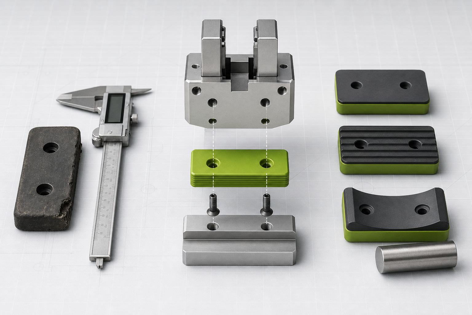Concept visualization of a generic worn gripper pad, interface measurement, exploded replacement-pad assembly, and flat, grooved and contoured pad options; no physical testing shown